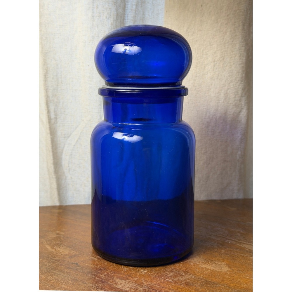 Vintage Glass Apothecary Jar Cobalt Blue Belgium Bubble Top